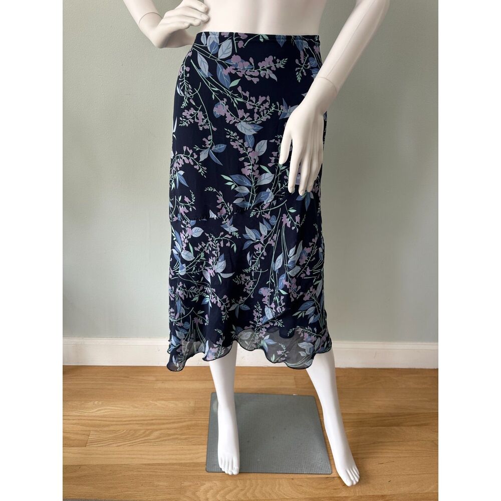 Jaclyn Smith Navy Floral Midi Skirt Asymmetrical Hem Chiffon Purple Blue 18W